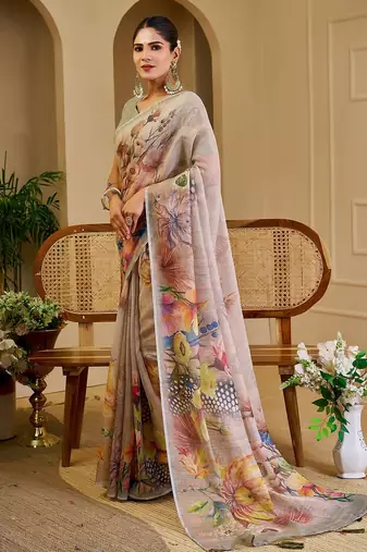 Beige cotton blend floral print saree with blouse