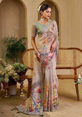 Beige cotton blend floral print saree with blouse 5