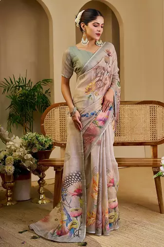 Beige cotton blend floral print saree with blouse