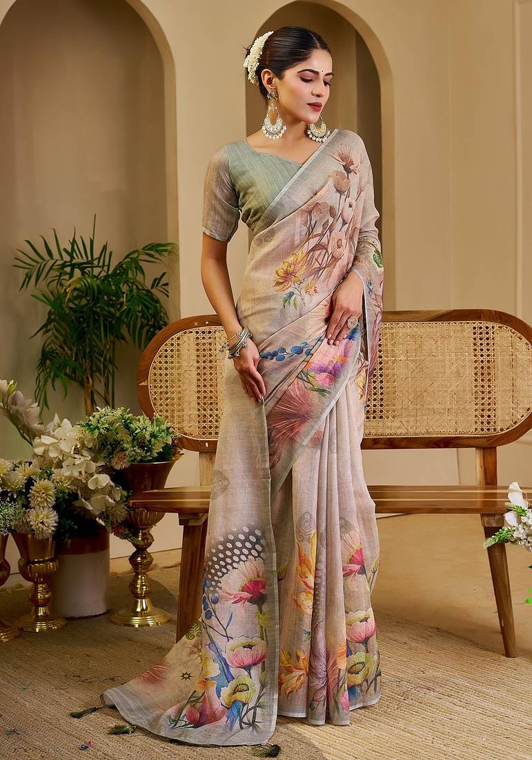 Beige cotton blend floral print saree with blouse