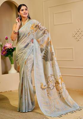 Sea green cotton blend floral print saree with blouse 1
