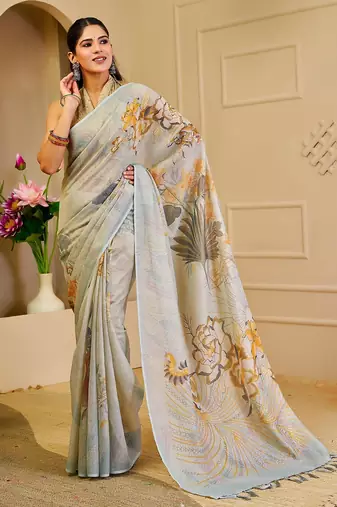 Sea green cotton blend floral print saree with blouse