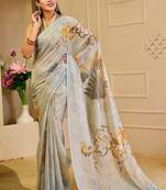 Sea green cotton blend floral print saree with blouse