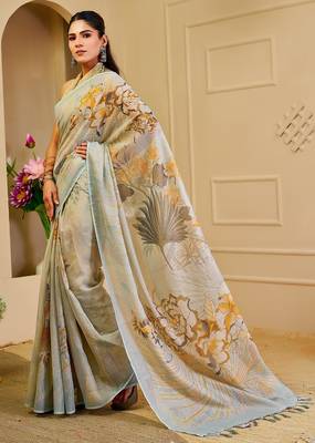 Sea green cotton blend floral print saree with blouse 2