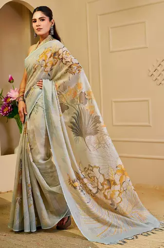 Sea green cotton blend floral print saree with blouse