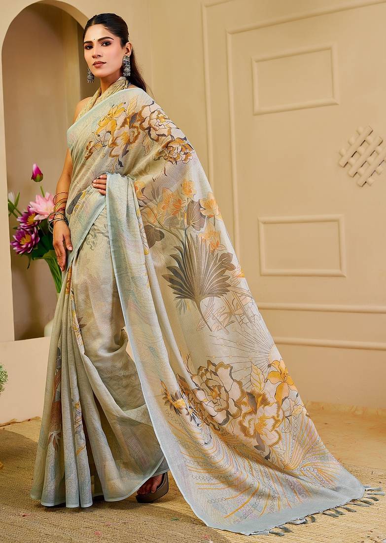 Sea green cotton blend floral print saree with blouse