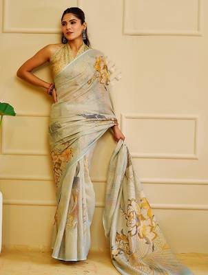 Sea green cotton blend floral print saree with blouse 3