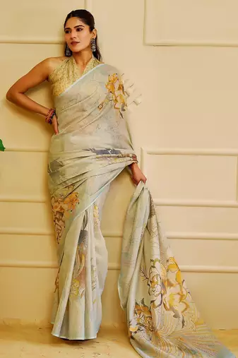 Sea green cotton blend floral print saree with blouse