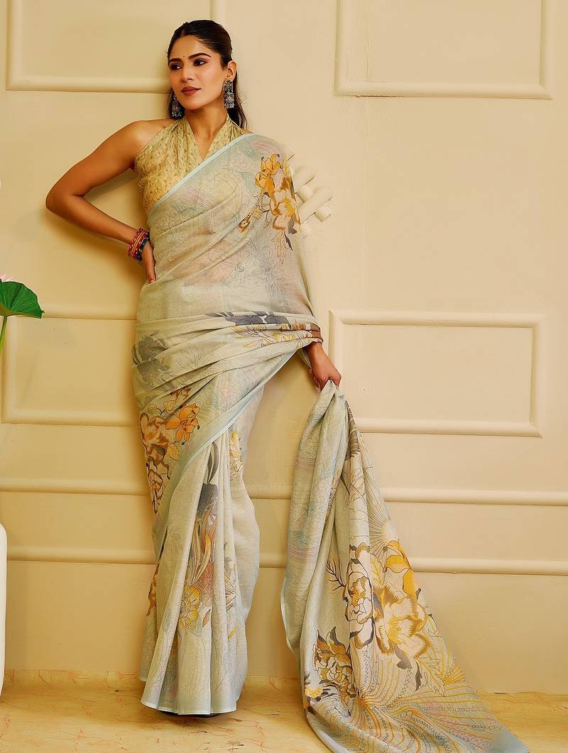 Sea green cotton blend floral print saree with blouse