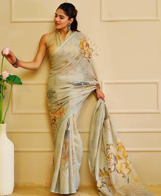 Sea green cotton blend floral print saree with blouse 4
