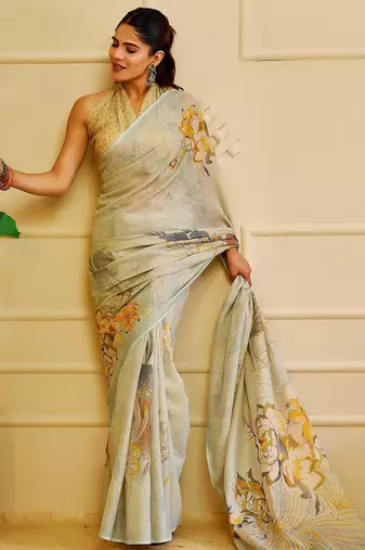Sea green cotton blend floral print saree with blouse