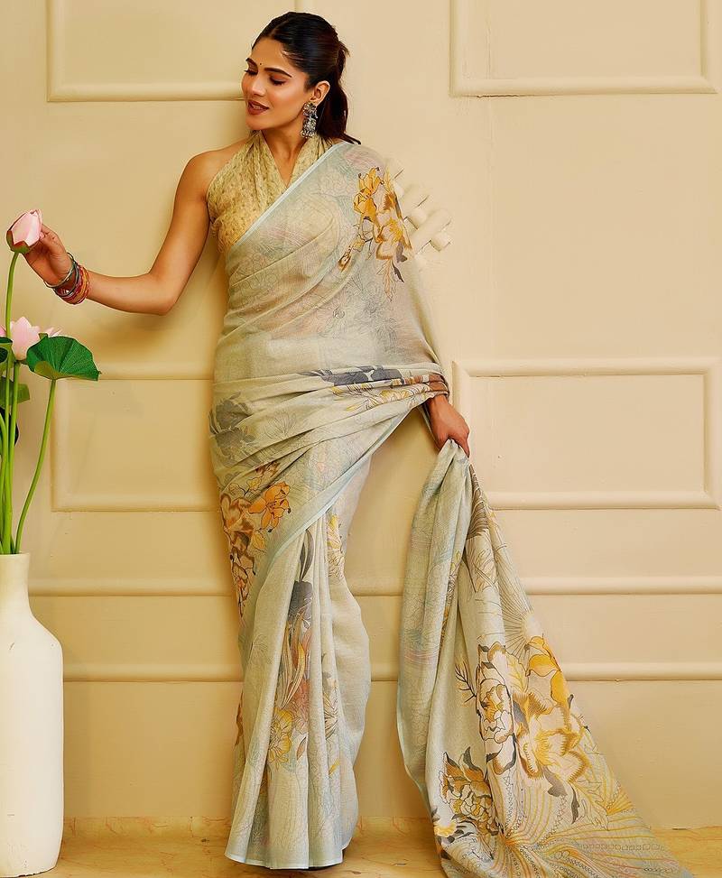 Sea green cotton blend floral print saree with blouse
