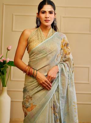 Sea green cotton blend floral print saree with blouse 5