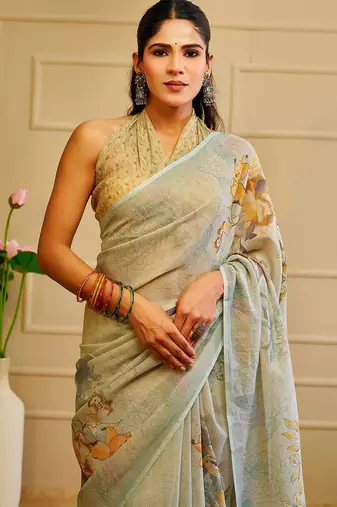 Sea green cotton blend floral print saree with blouse