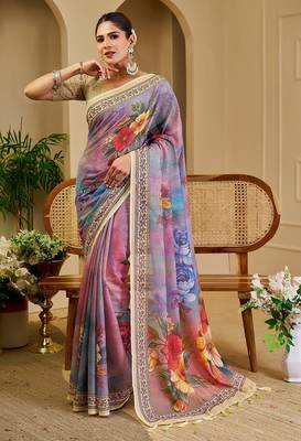 Purple cotton blend floral print saree with blouse 1