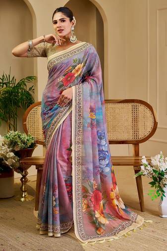 Purple cotton blend floral print saree with blouse