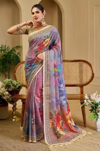 Purple cotton blend floral print saree with blouse