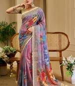 Purple cotton blend floral print saree with blouse