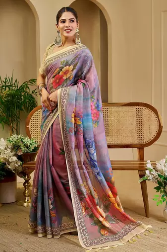 Purple cotton blend floral print saree with blouse