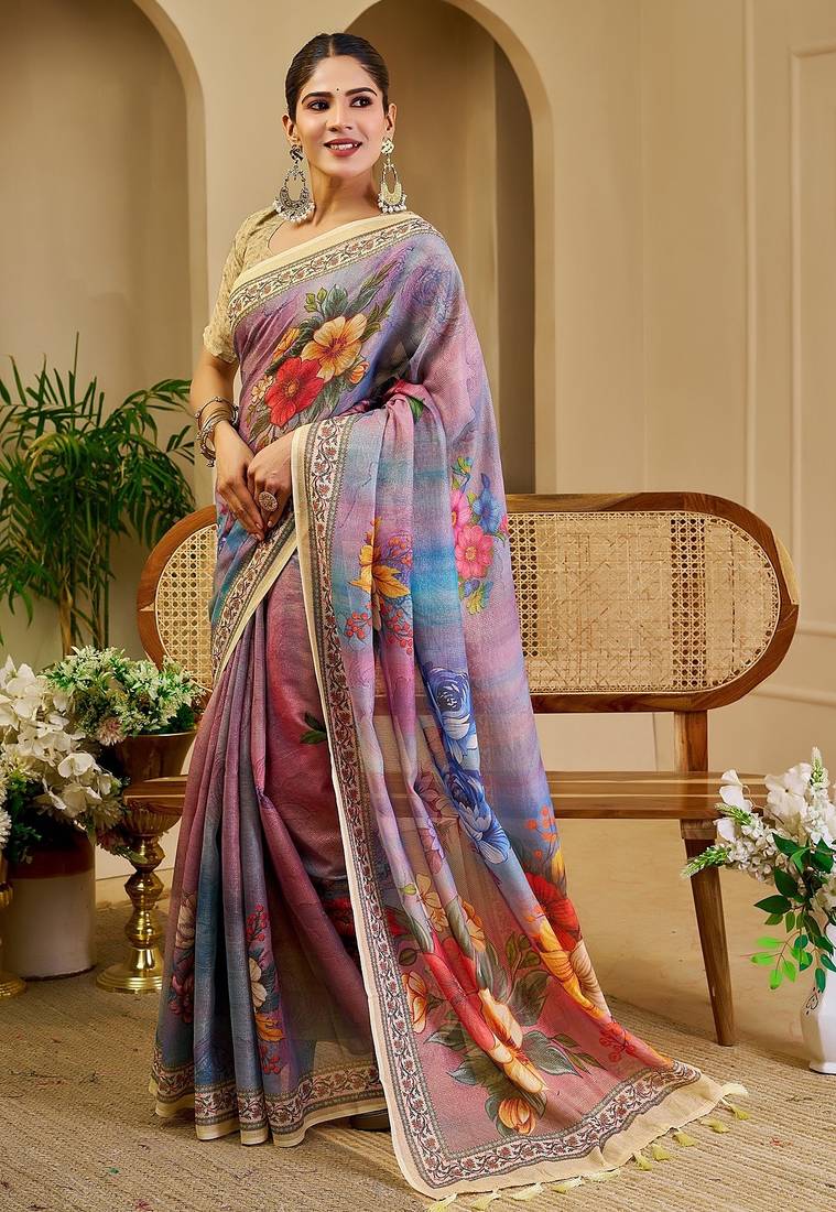Purple cotton blend floral print saree with blouse