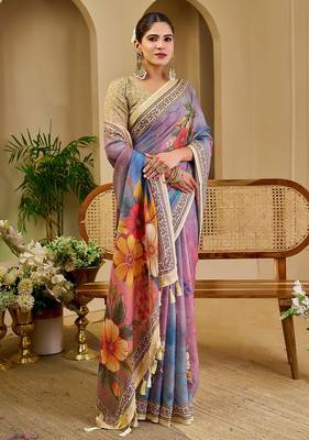 Purple cotton blend floral print saree with blouse 3