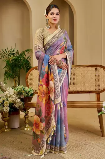 Purple cotton blend floral print saree with blouse