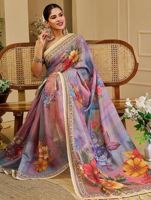 Purple cotton blend floral print saree with blouse 4