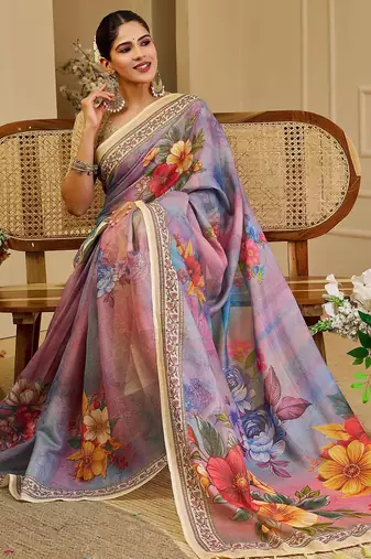 Purple cotton blend floral print saree with blouse