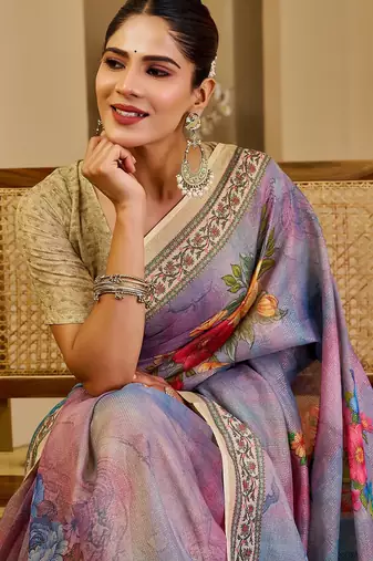 Purple cotton blend floral print saree with blouse