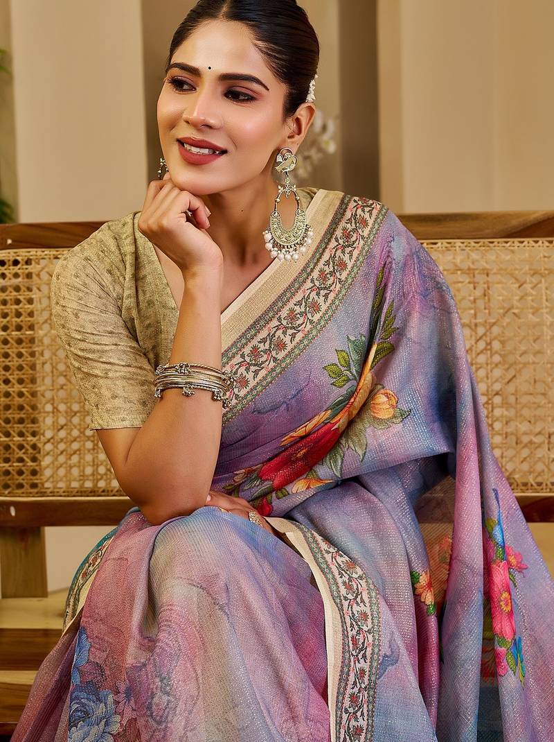 Purple cotton blend floral print saree with blouse