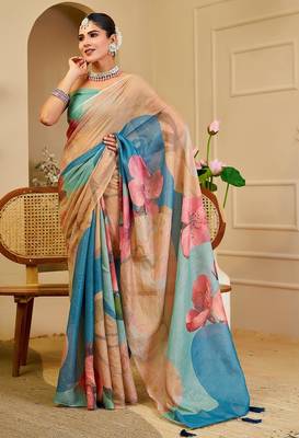 Beige cotton blend floral print saree with blouse 1