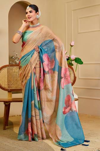 Beige cotton blend floral print saree with blouse