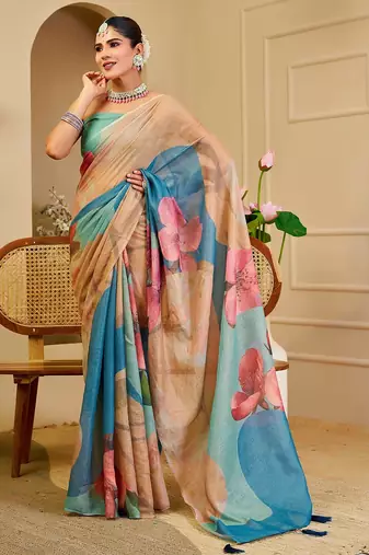 Beige cotton blend floral print saree with blouse