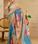 Beige cotton blend floral print saree with blouse