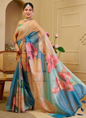 Beige cotton blend floral print saree with blouse 2