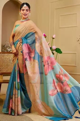 Beige cotton blend floral print saree with blouse
