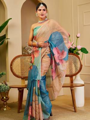 Beige cotton blend floral print saree with blouse 3