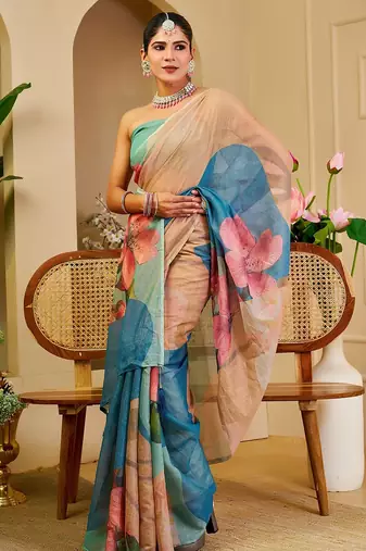 Beige cotton blend floral print saree with blouse