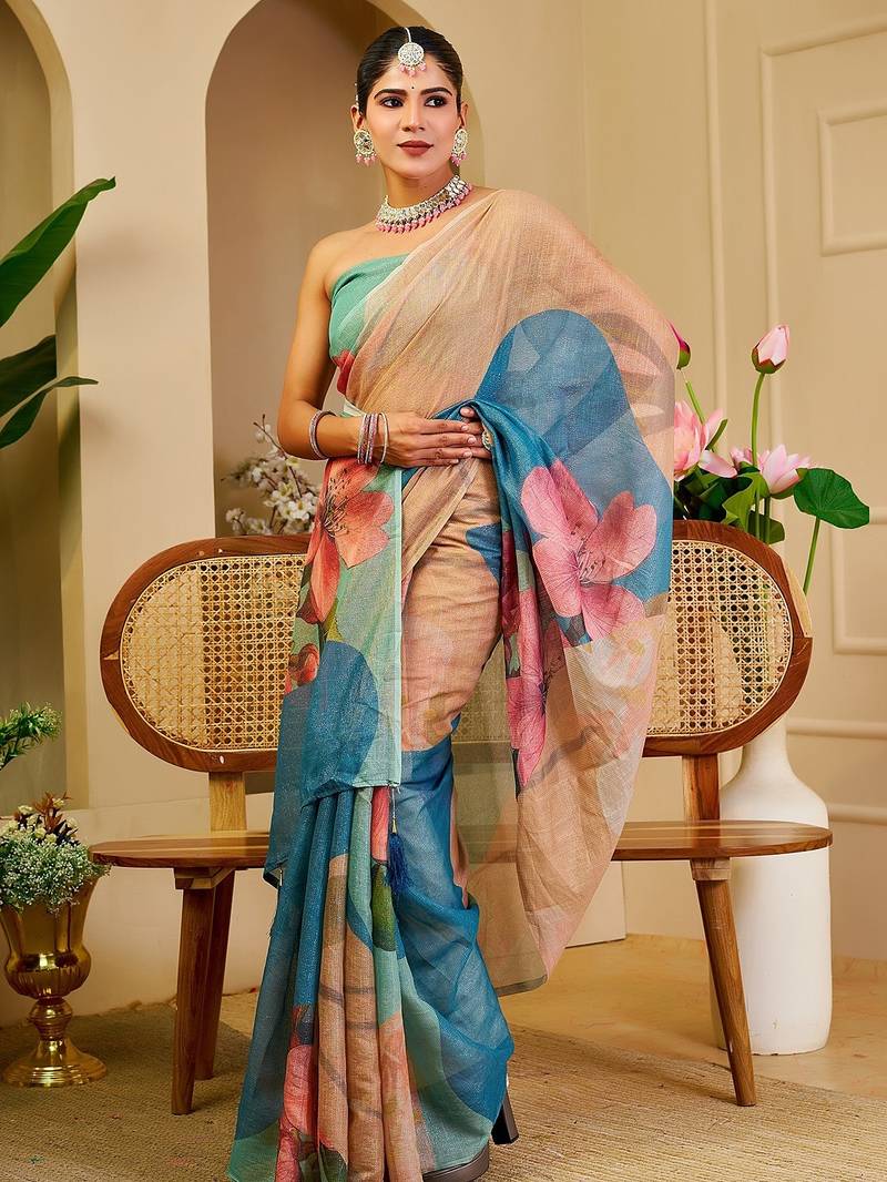Beige cotton blend floral print saree with blouse