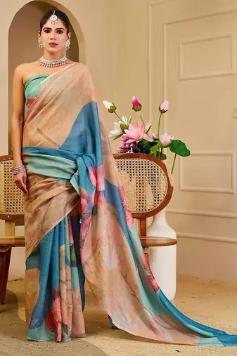 Beige cotton blend floral print saree with blouse