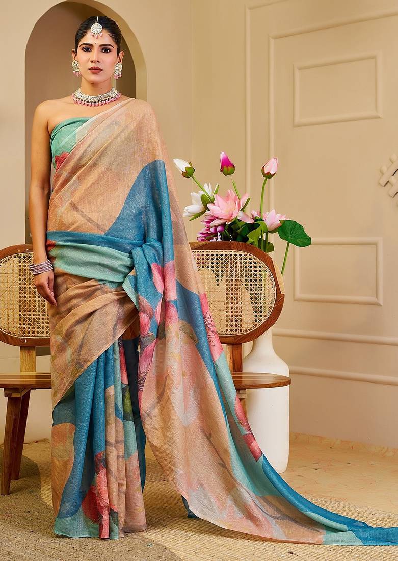 Beige cotton blend floral print saree with blouse