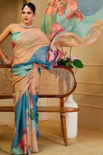 Beige cotton blend floral print saree with blouse