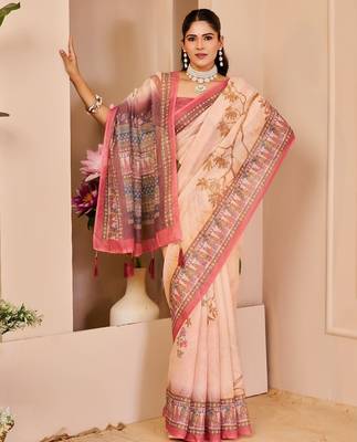 Beige cotton blend floral print saree with blouse 1