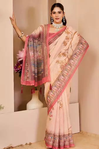 Beige cotton blend floral print saree with blouse