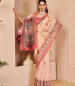 Beige cotton blend floral print saree with blouse