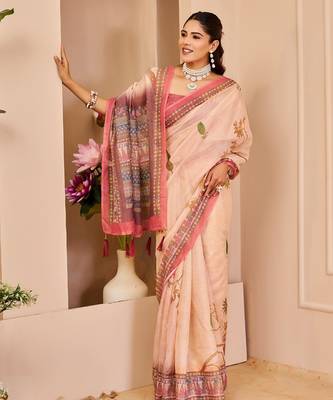 Beige cotton blend floral print saree with blouse 2