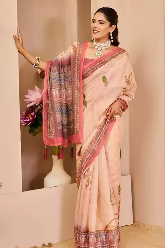 Beige cotton blend floral print saree with blouse