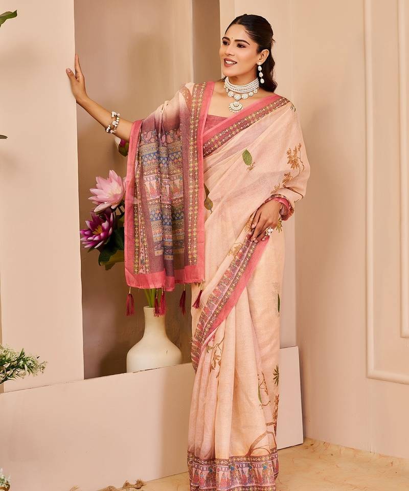 Beige cotton blend floral print saree with blouse