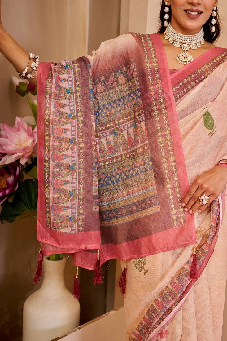 Beige cotton blend floral print saree with blouse