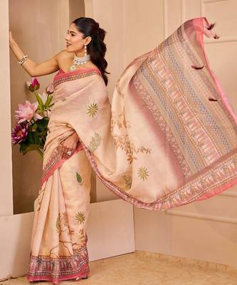 Beige cotton blend floral print saree with blouse 4